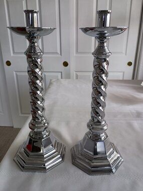Pair of Large Vintage Silver-Plated Spiral Candlesticks, Original LJ, Japan
